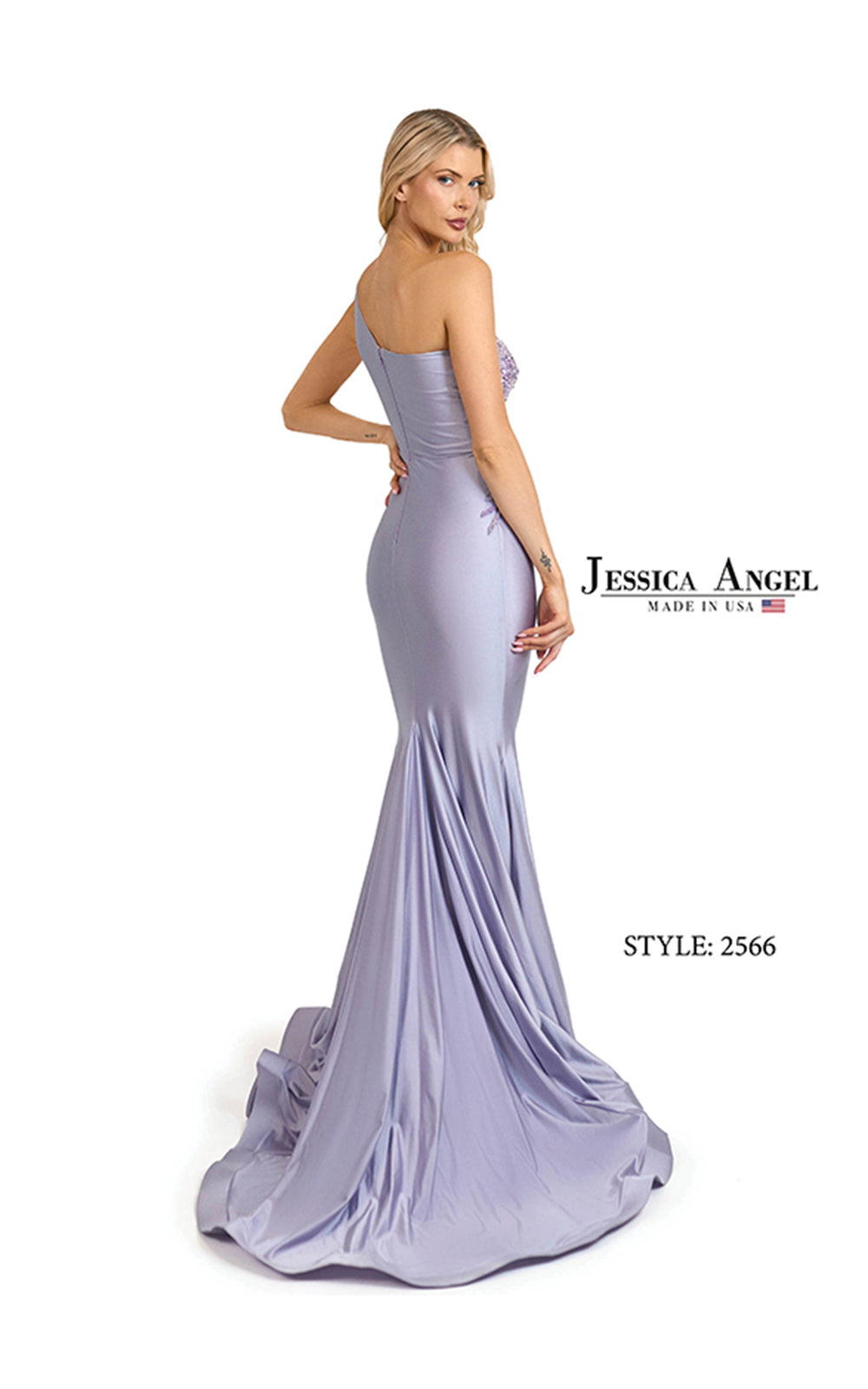 Jessica Angel 2566 one shoulder applique jersey mermaid gown back view