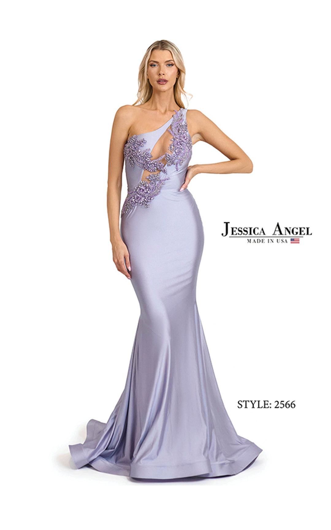 Jessica Angel 2566 one shoulder applique jersey mermaid gown front view
