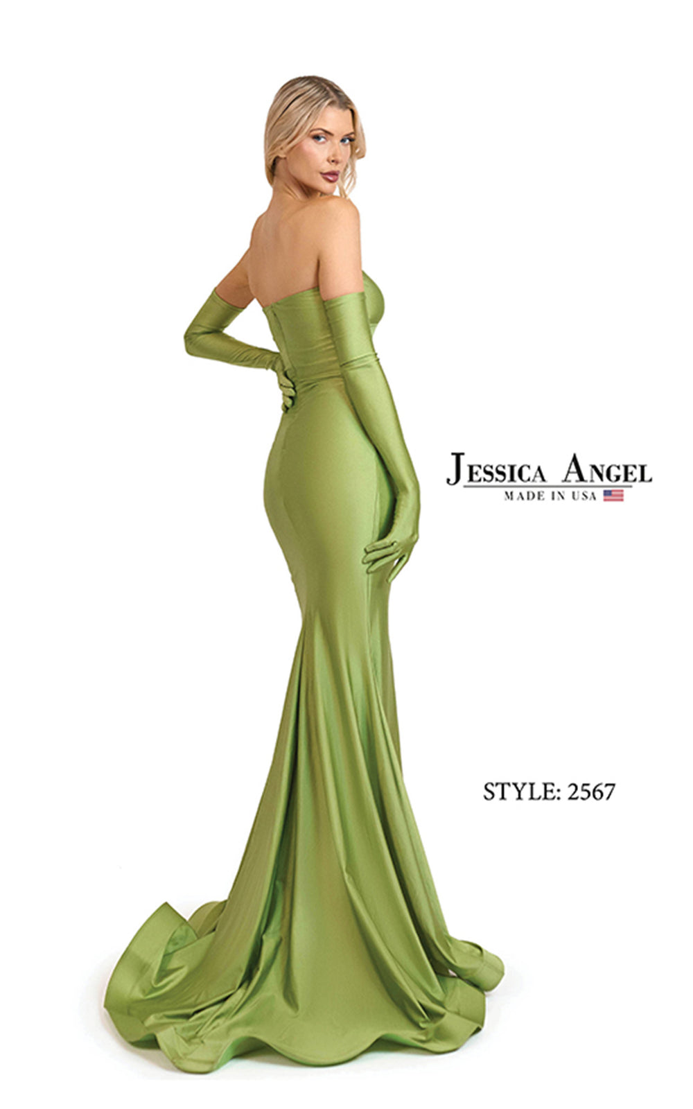 Jessica Angel 2567 strapless ruched jersey gown with gloves back view