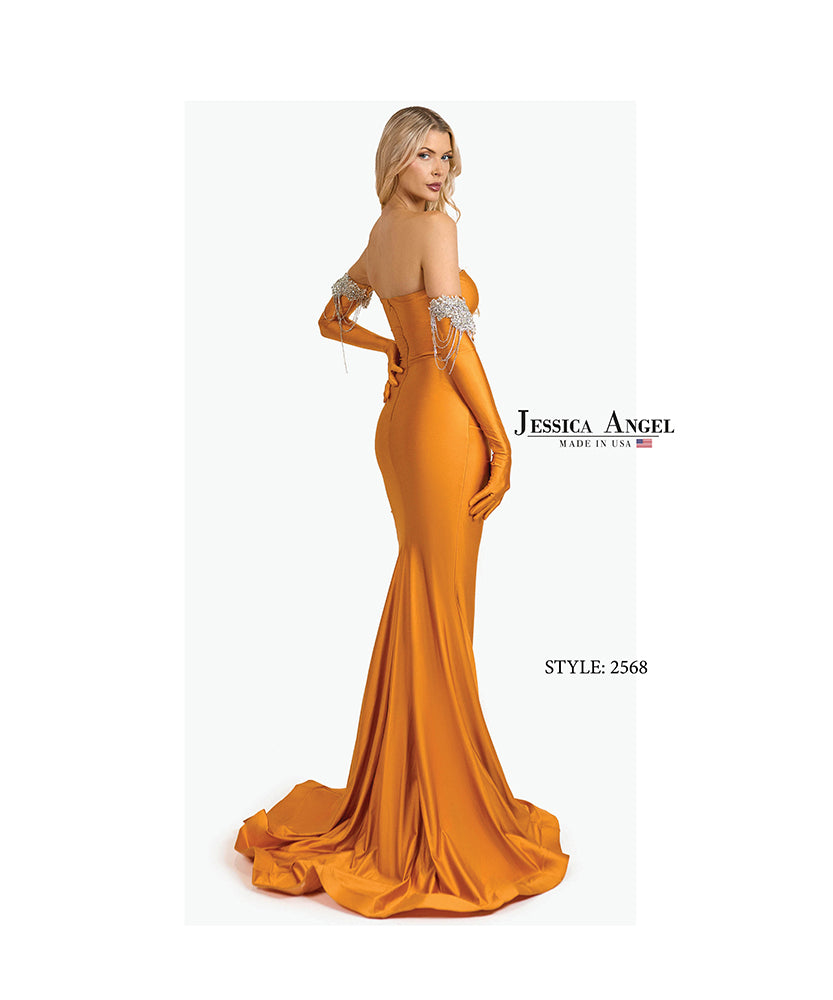 Jessica Angel 2568 strapless crystal applique jersey gown with gloves back view