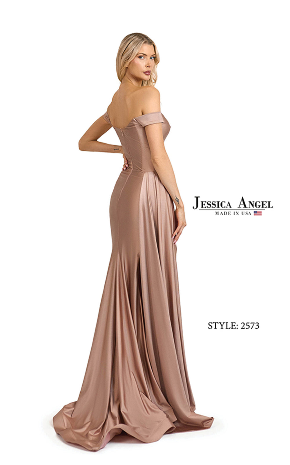 Jessica Angel 2573 off shoulder draped jersey gown back view