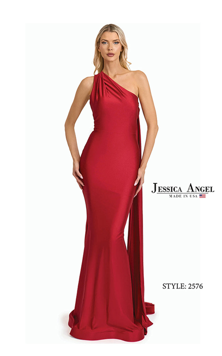 Jessica Angel 2576 one shoulder jersey mermaid gown front view