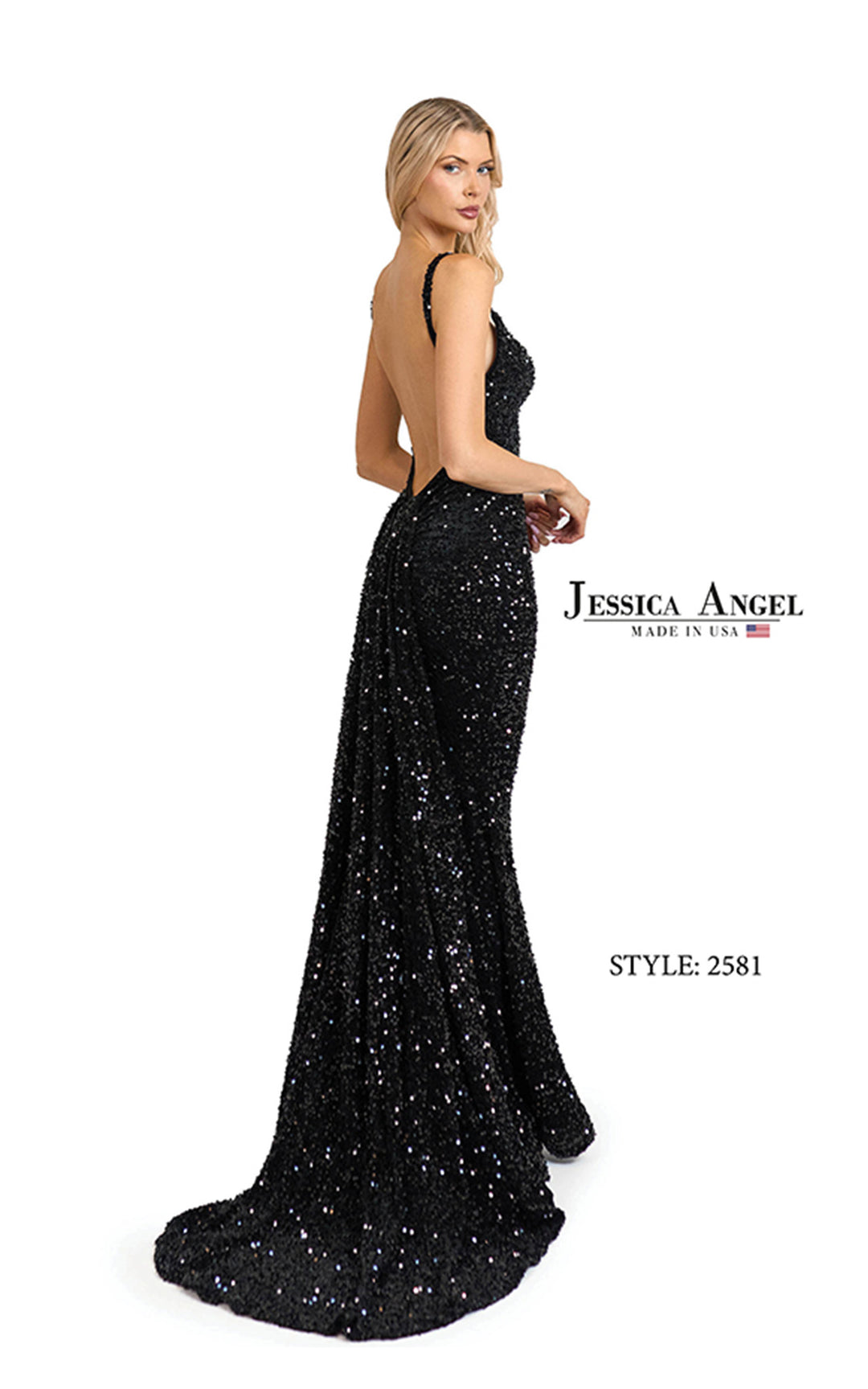 Jessica Angel 2581 scoop neck velvet sequin mermaid gown back view