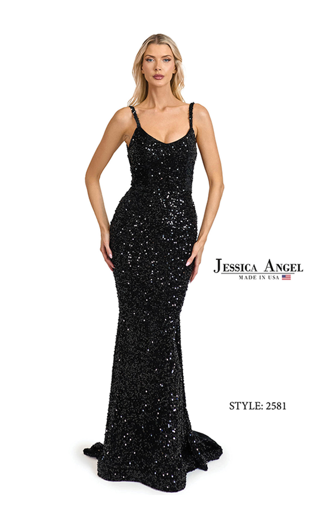 Jessica Angel 2581 scoop neck velvet sequin mermaid gown front view