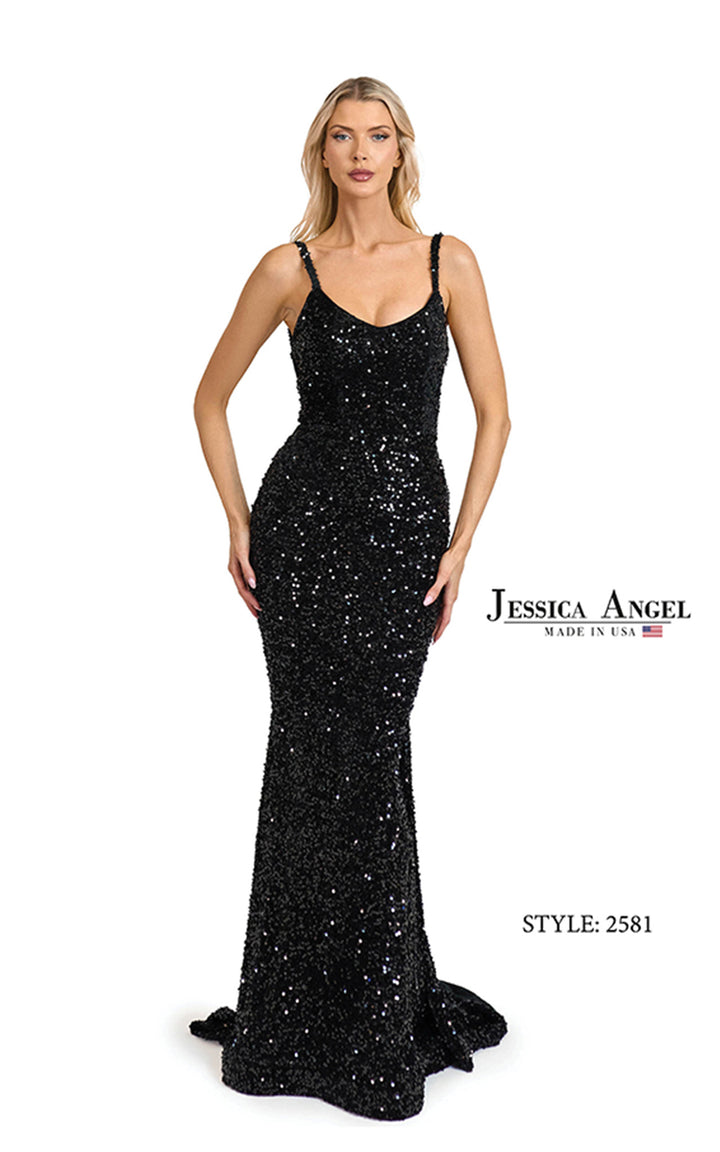 Jessica Angel 2581 scoop neck velvet sequin mermaid gown front view