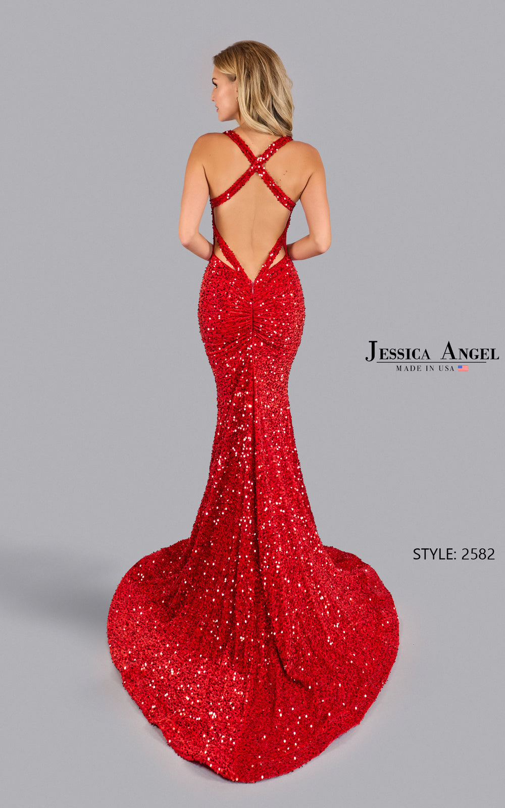 Jessica Angel 2582 V-neck velvet sequin mermaid gown back view
