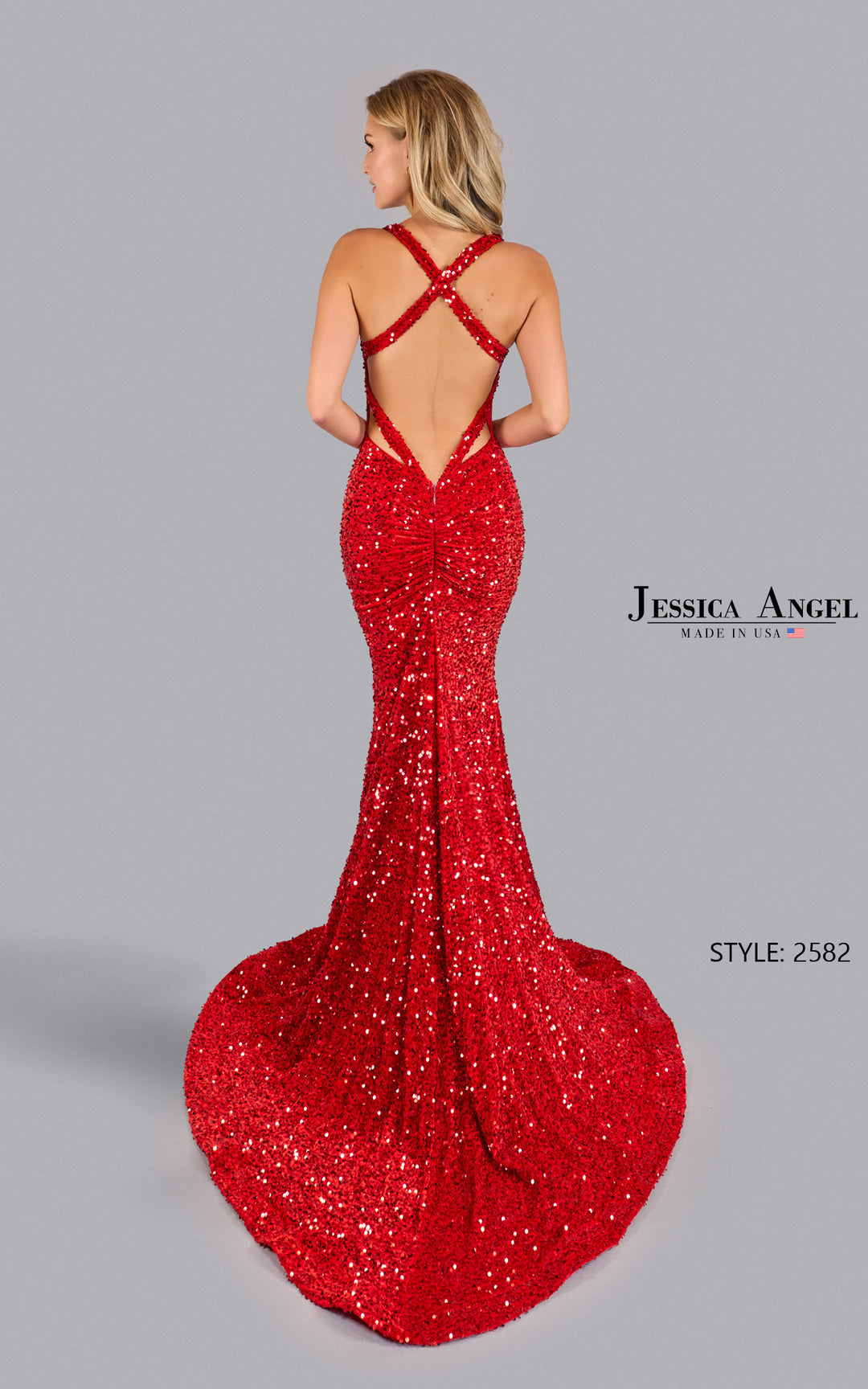 Jessica Angel 2582 V-neck velvet sequin mermaid gown back view