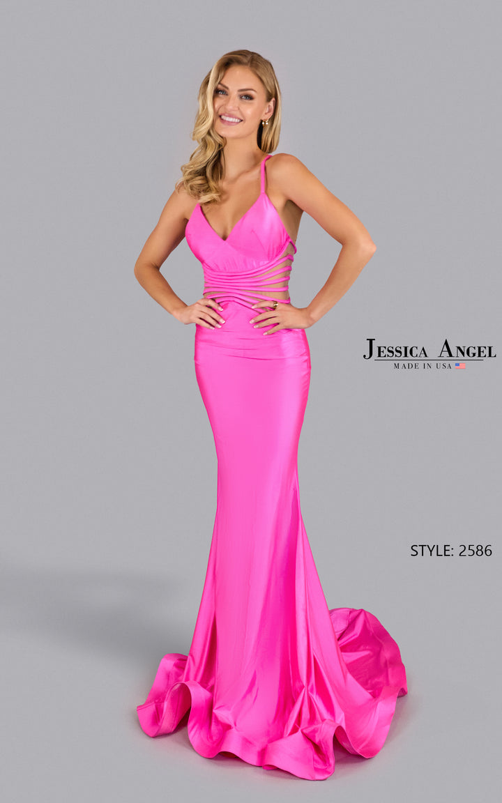 Jessica Angel 2586 V-neck side cutout jersey mermaid gown front view