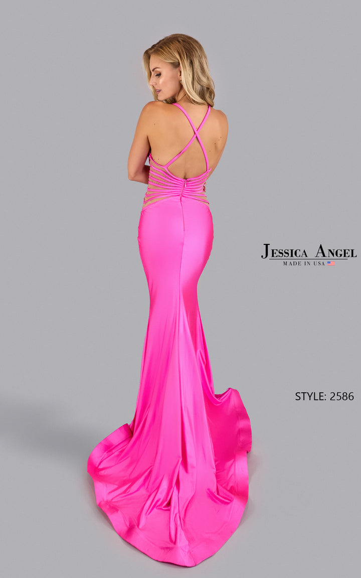 Jessica Angel 2586 V-neck side cutout jersey mermaid gown back view