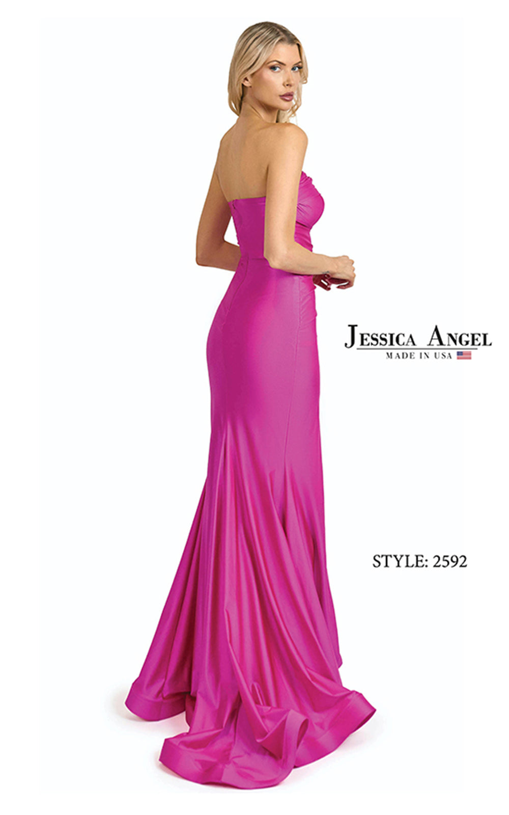 Jessica Angel 2592 strapless jersey gown with hip bow back view