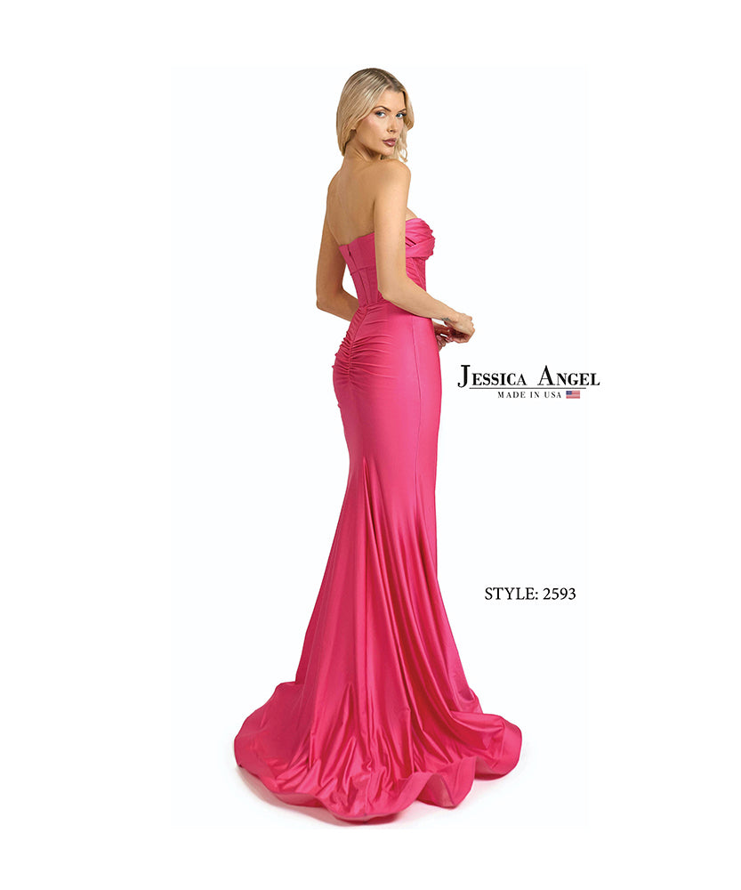 Jessica Angel 2593 strapless twist bodice jersey mermaid gown back view