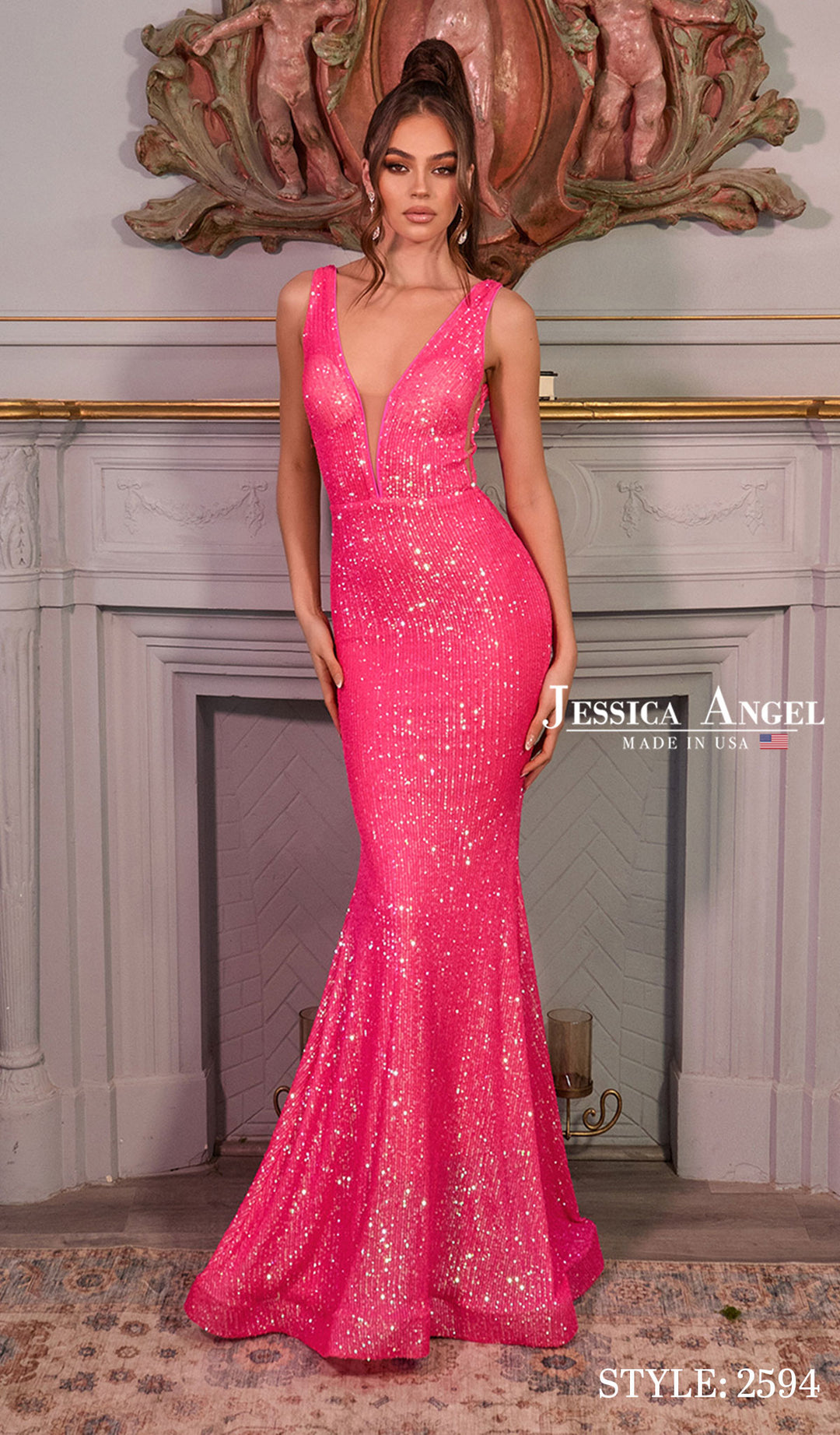 Jessica Angel 2594 plunging V-neck sequin mermaid gown alternate view 3