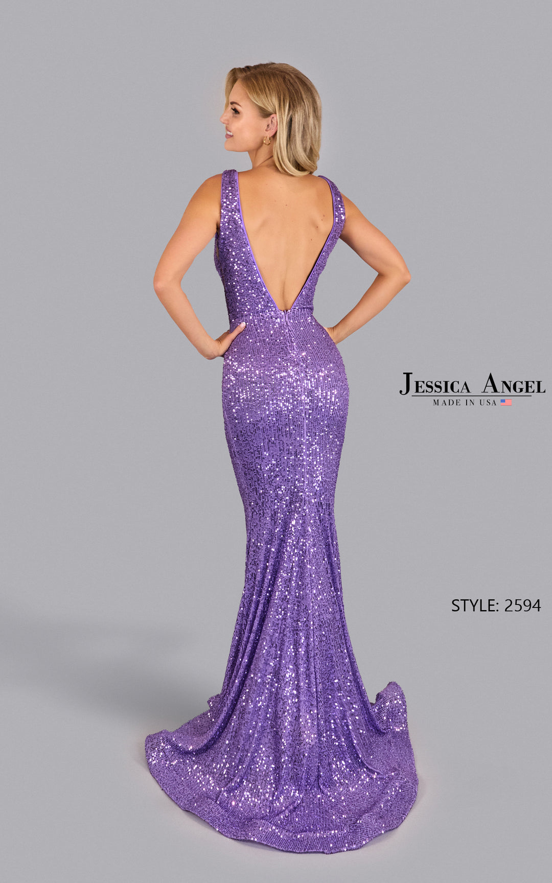 Jessica Angel 2594 Plunging V-Neck Open Back Sequin Mermaid Gown view 12