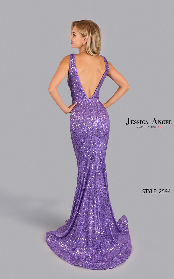Jessica Angel 2594 Plunging V-Neck Open Back Sequin Mermaid Gown view 12