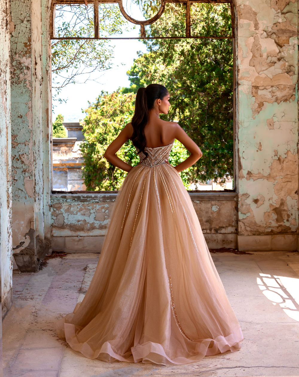 Delilah LD21132 Plunging Crystal Cup Corset Sheath Gown with Full Overskirt - Champagne back view
