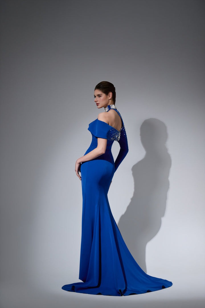 Delilah LD41039 Asymmetric One-Sleeve Sheath Gown with Crystal Collar and Ruched Waist - Blue back view