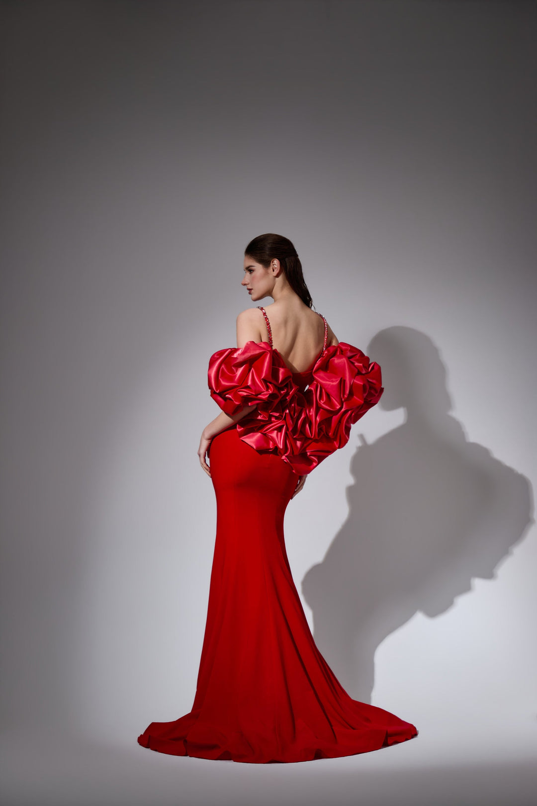 Delilah LD41042 Spaghetti Strap Mermaid Gown with Oversized Ruffled Arm Puffs - Red back view
