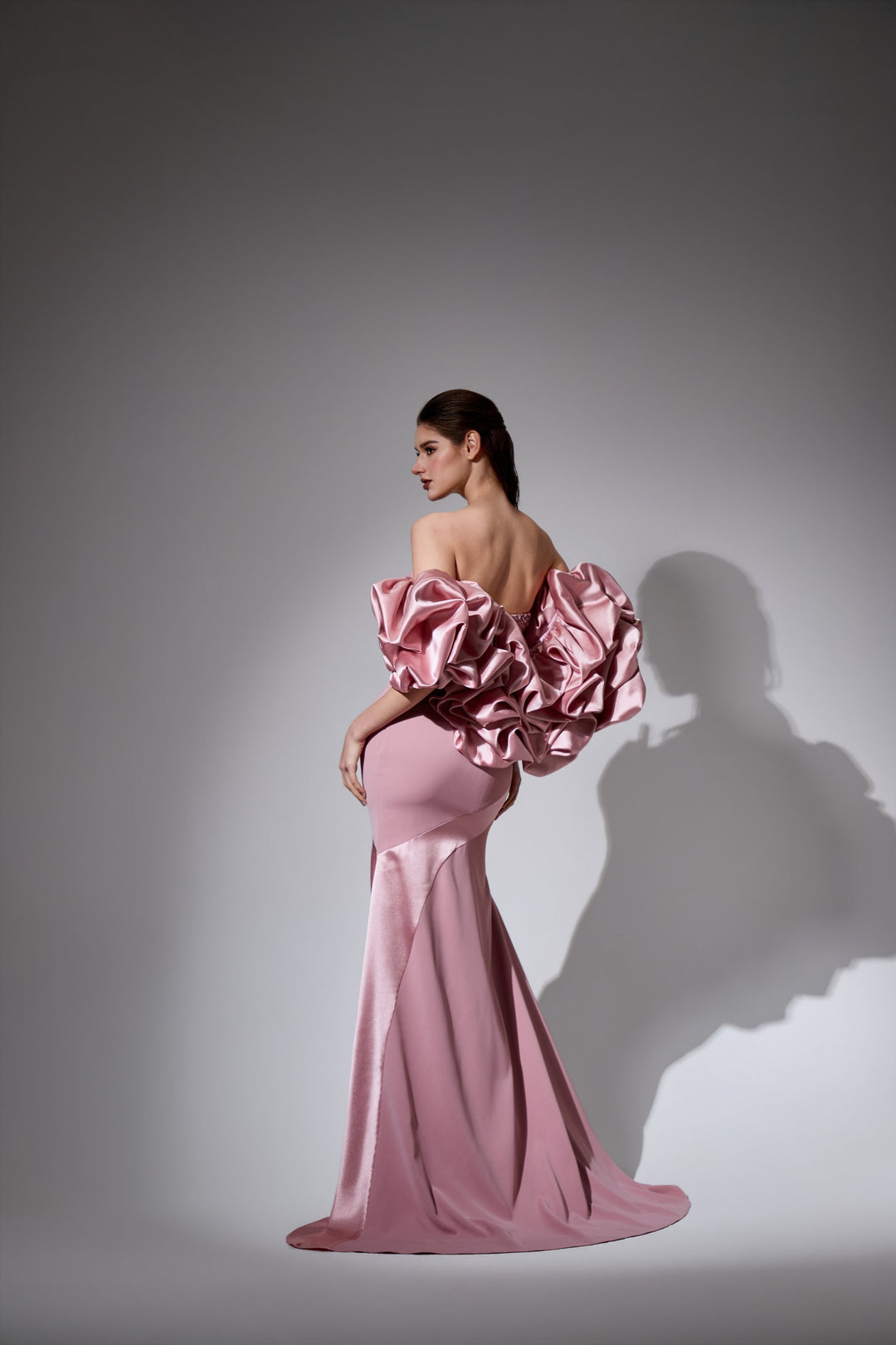 Delilah LD41033 Strapless Asymmetric Draped Mermaid Gown with Beaded Neckline - Pink back view