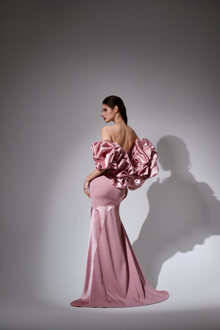 Delilah LD41033 Strapless Asymmetric Draped Mermaid Gown with Beaded Neckline - Pink back view