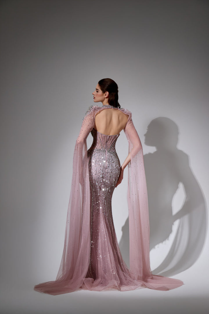 Delilah LD11478 Strapless Beaded Corset Mermaid Gown with Choker Capelet and Floor-Length Cape Sleeves - Pink back view