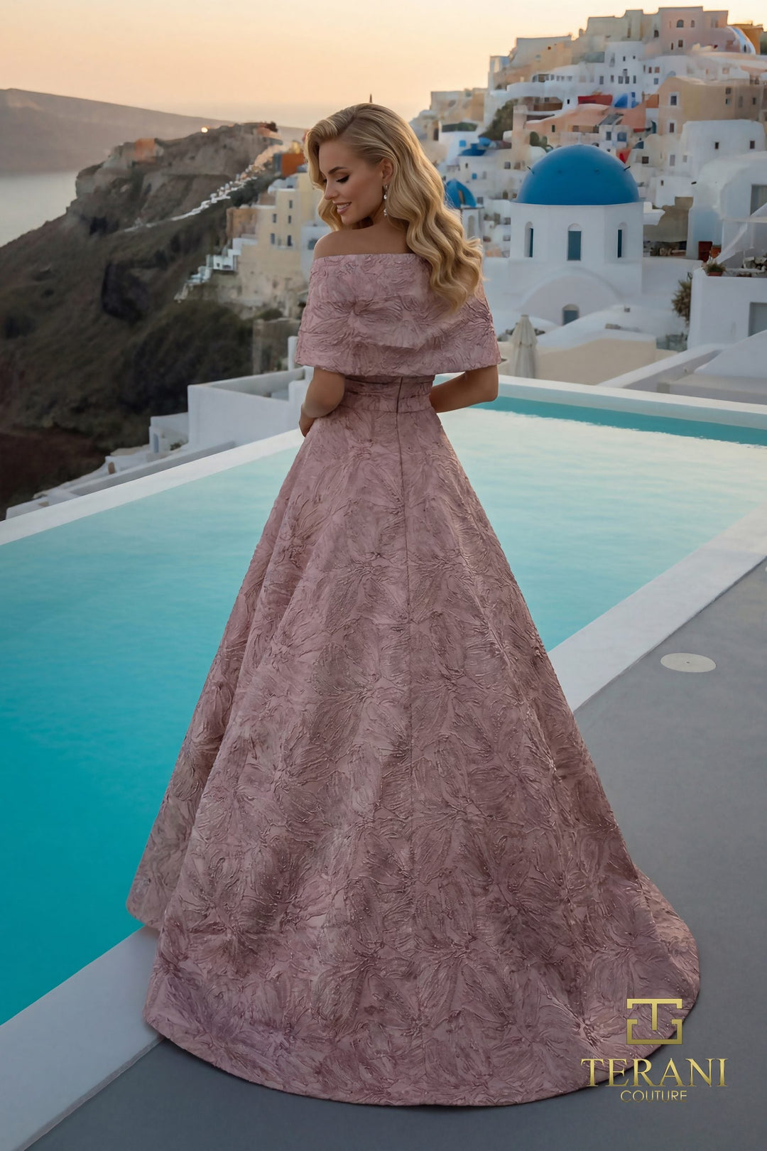Terani 261M6453 shawl sleeve collar and bodice back view