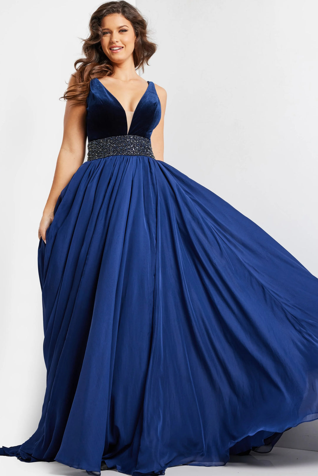 Jovani 26201 Embellished Belt V Neck Gown