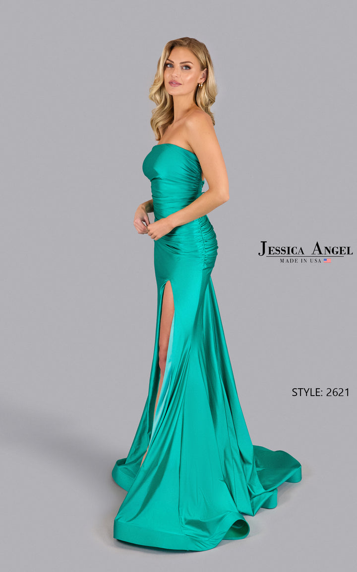 Jessica Angel 2621 strapless ruched jersey gown with slit alternate view 2