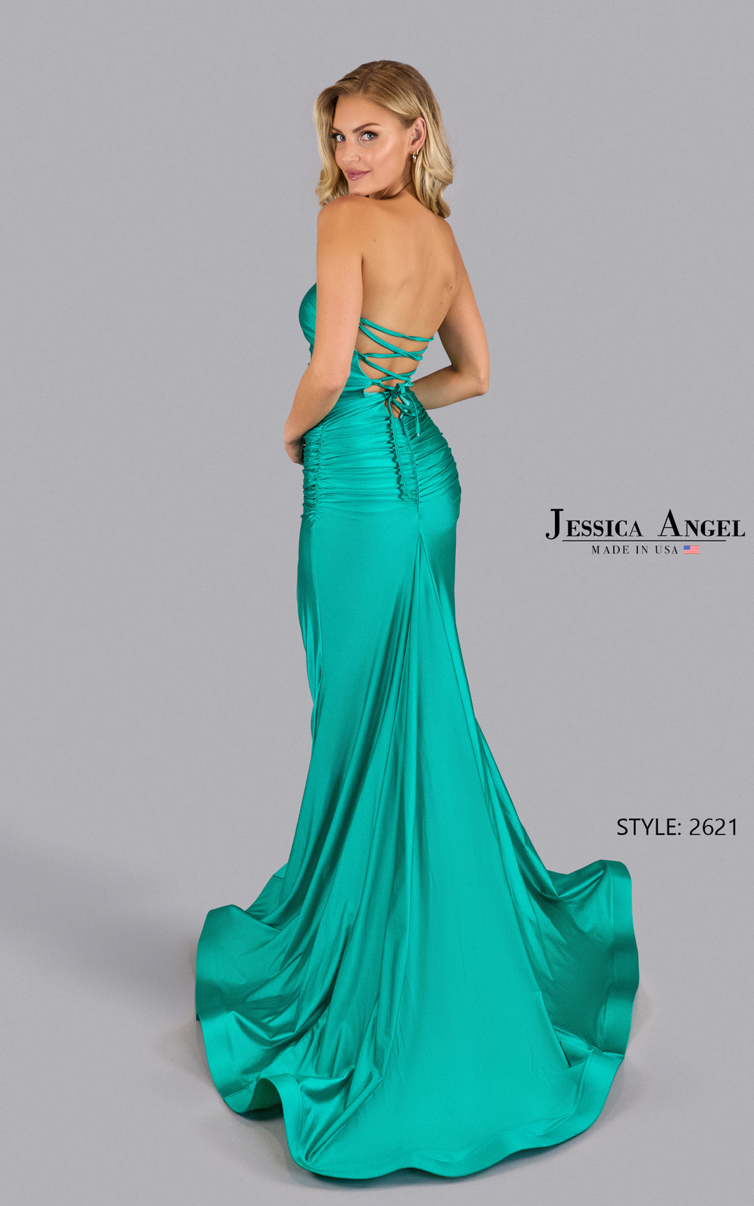 Jessica Angel 2621 strapless ruched jersey gown with slit back view