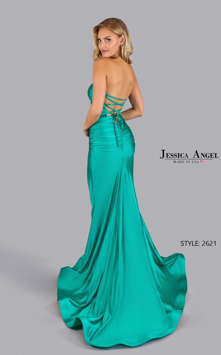 Jessica Angel 2621 strapless ruched jersey gown with slit back view