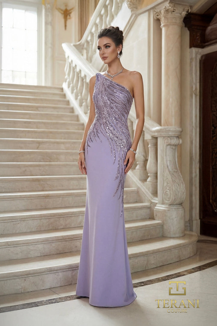 Terani 262E7354 One-Shoulder Sleeveless Beaded Sheath Dress