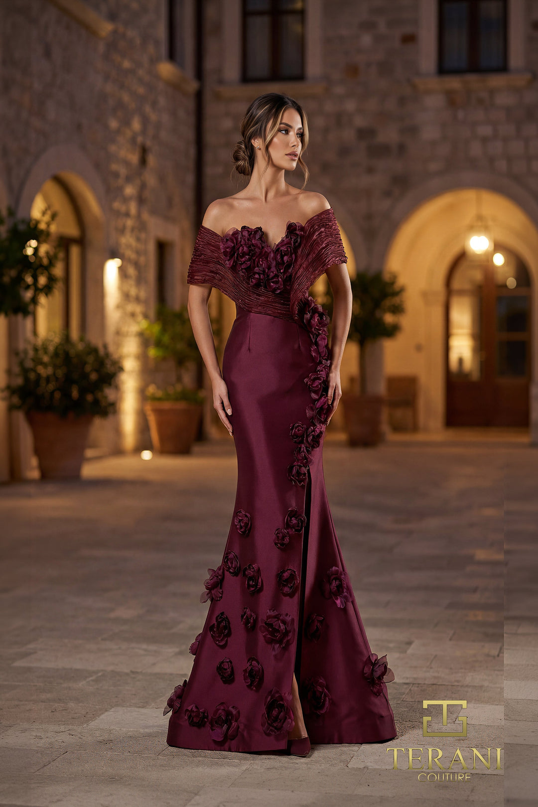 Terani 262E7070 Sweetheart Off-the-Shoulder Dimensional Floral Dress