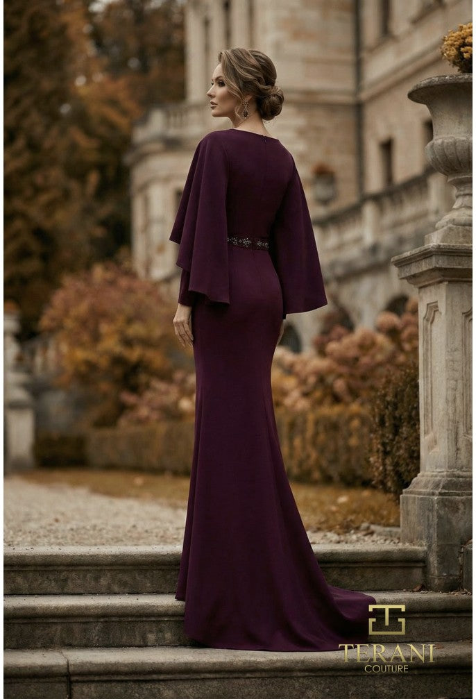 Terani 262M7295 V-Neck Long Sleeve Caped Dress