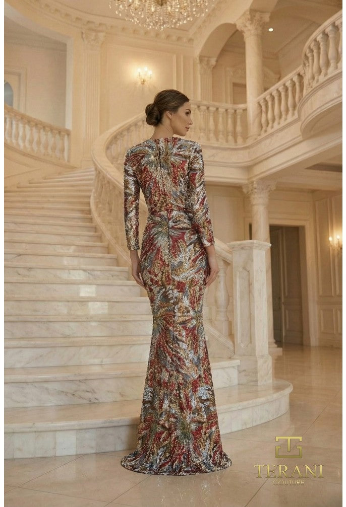 Terani 262M7320 High Jewel Neckline Long Sleeve Fit-and-Flare Dress