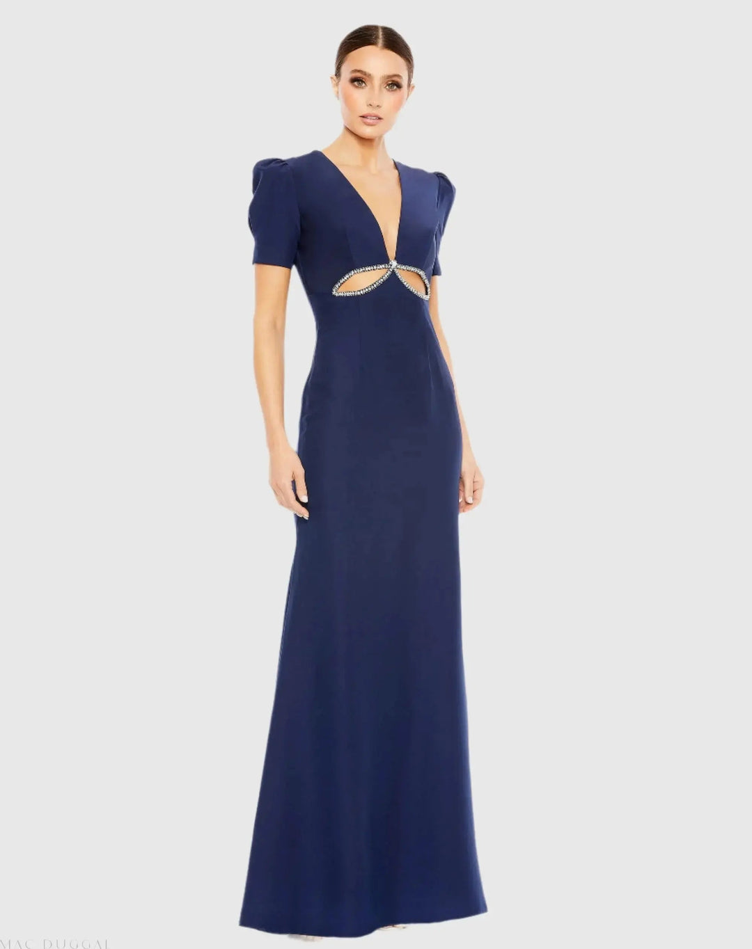 Mac Duggal 2630 Plunge Neck Puff Sleeve Cut Out Gown
