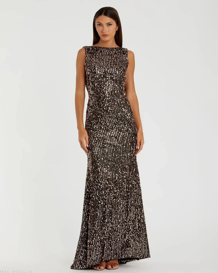 Mac Duggal 9926331P Petite Cowl Back Boat Neck Sequined Evening Gown