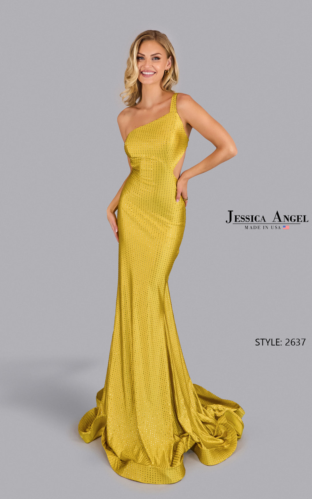 Jessica Angel 2637 One Shoulder Side Cutout Crystal Jersey Mermaid Gown view 12