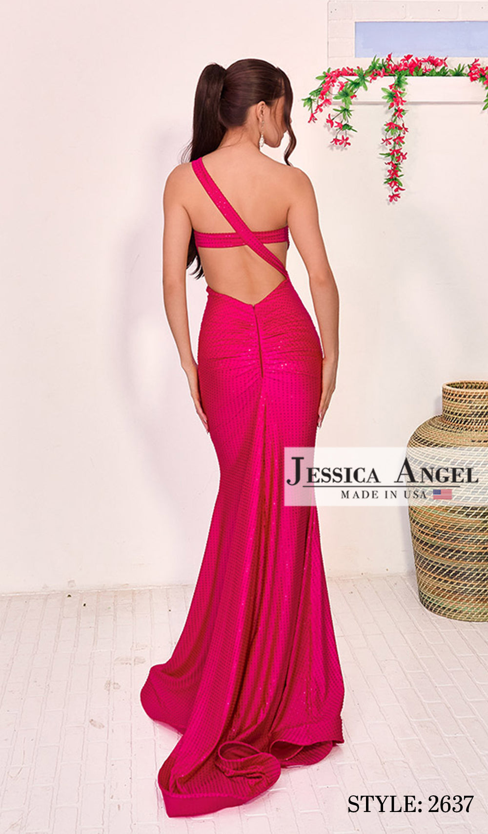 Jessica Angel 2637 one shoulder cutout crystal jersey mermaid gown back view