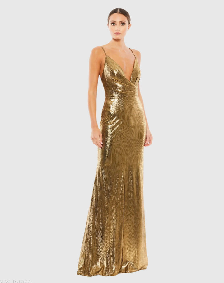 Mac Duggal 26408 Metallic Faux Wrap Spaghetti Strap Gown