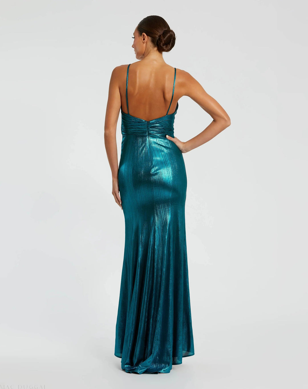 Mac Duggal 26408 Metallic Faux Wrap Spaghetti Strap Gown