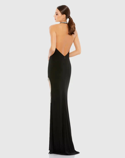 Mac Duggal 26533 Black Rhinestone Accented Halter Gown