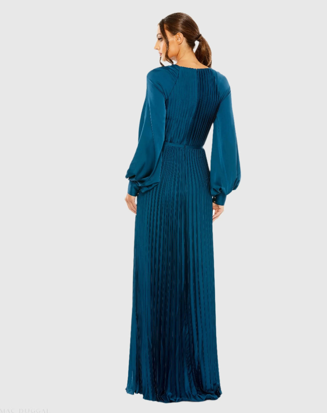 Mac Duggal 26590 Blue Pleated High Neck Long Sleeve Gown with Slit