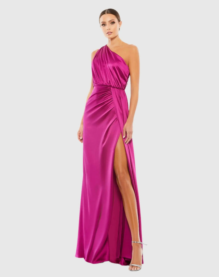 Mac Duggal 26654 Gathered One Shoulder Satin Faux Wrap Gown