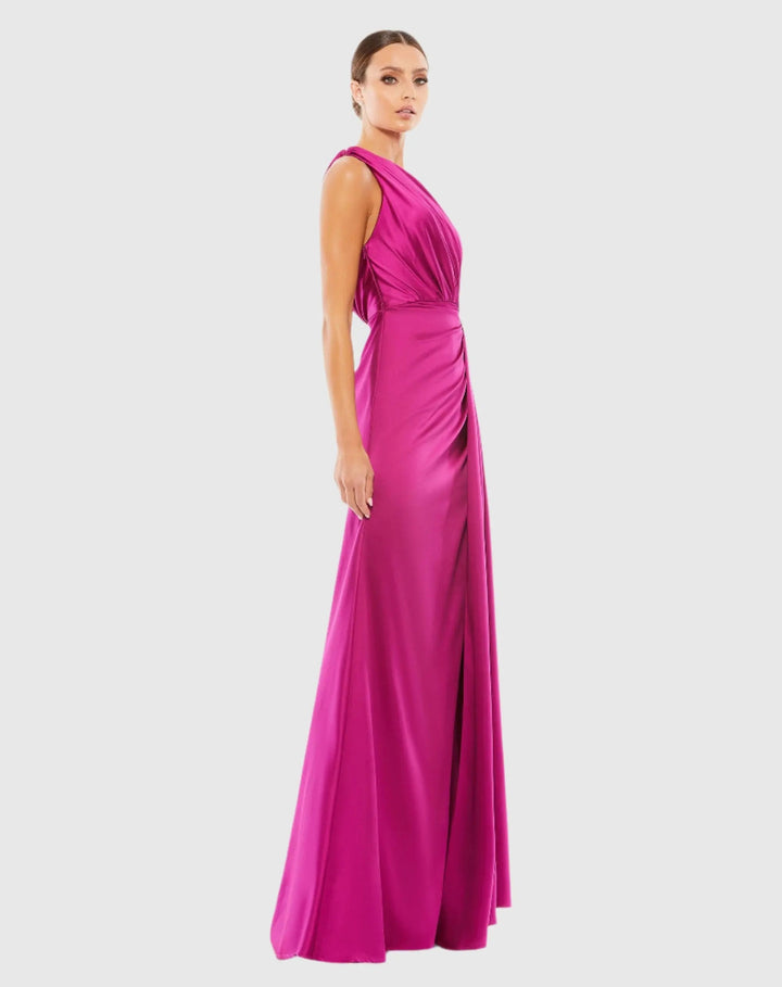 Mac Duggal 26654 Gathered One Shoulder Satin Faux Wrap Gown