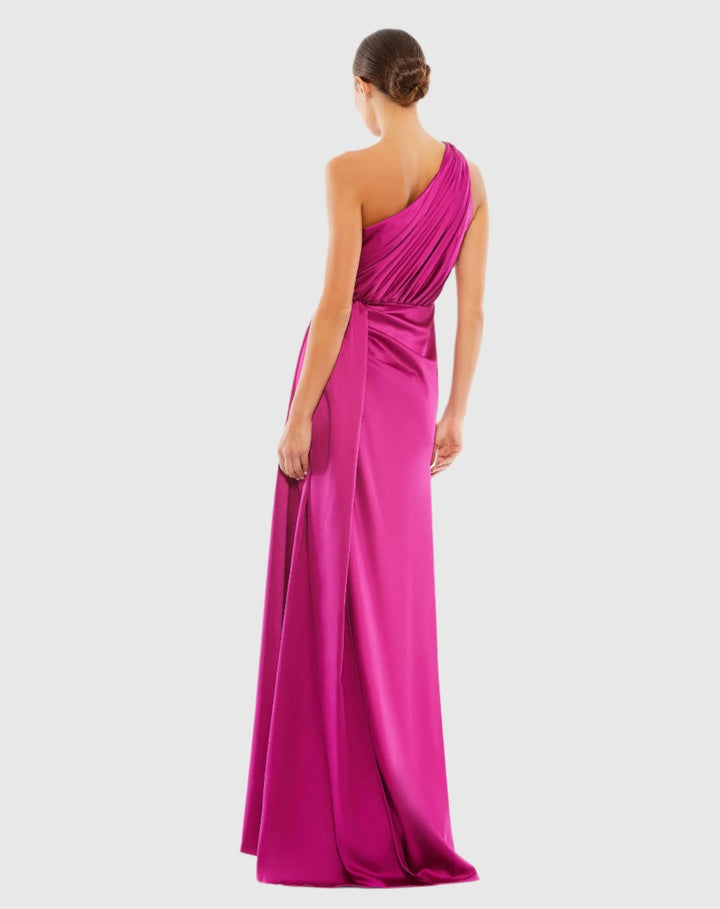 Mac Duggal 26654 Gathered One Shoulder Satin Faux Wrap Gown