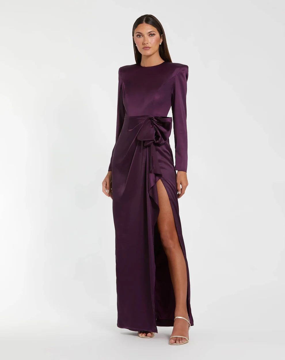 Dark Green Long Sleeve Satin Structured Bow Draped Column Gown - FOSTANI.com