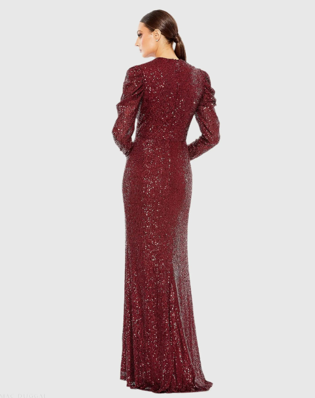 Mac Duggal 26692 Sequined High Neck Puff Long Sleeve Column Gown