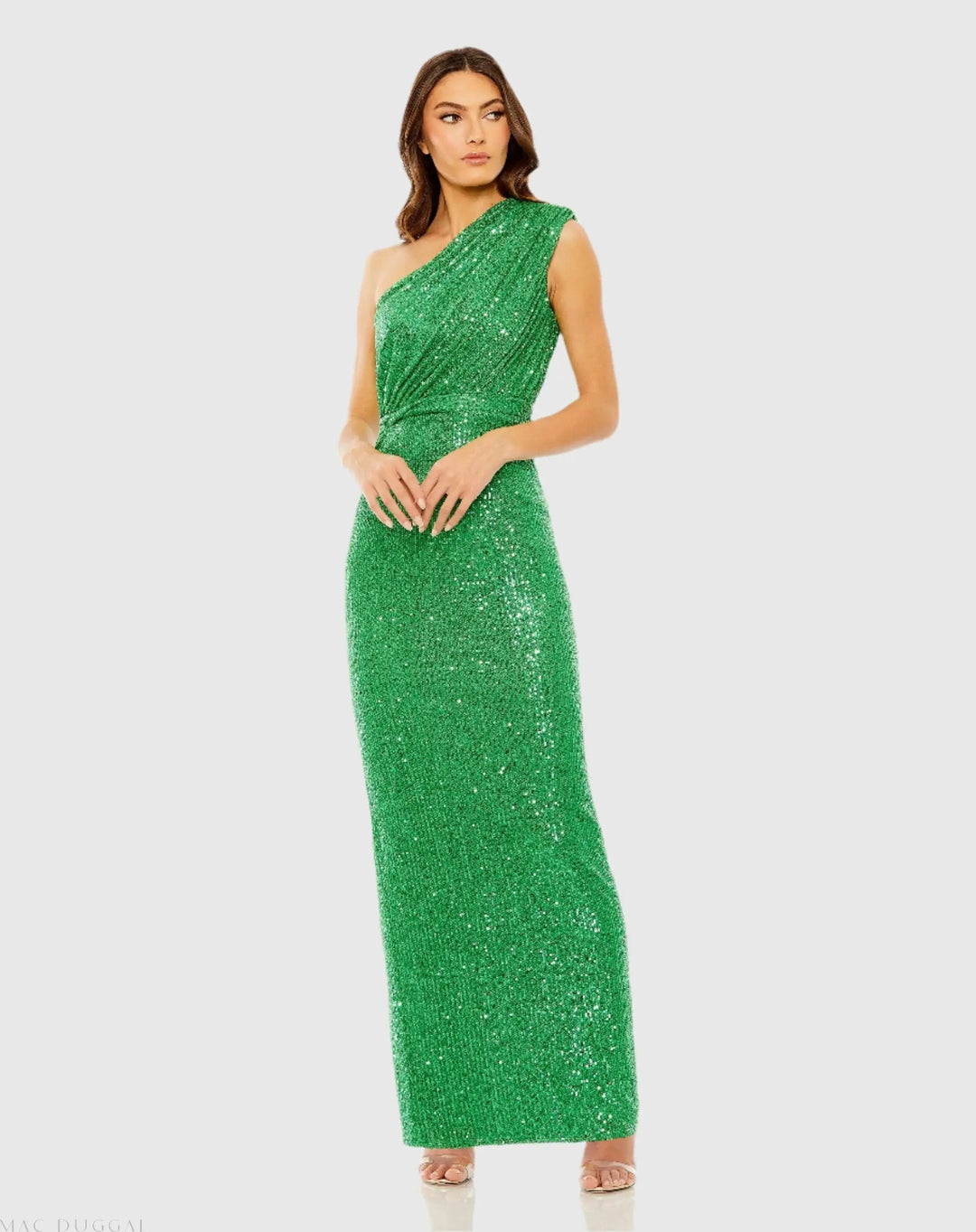 Mac Duggal 26694 Green Sequined Ruched One Shoulder Gown