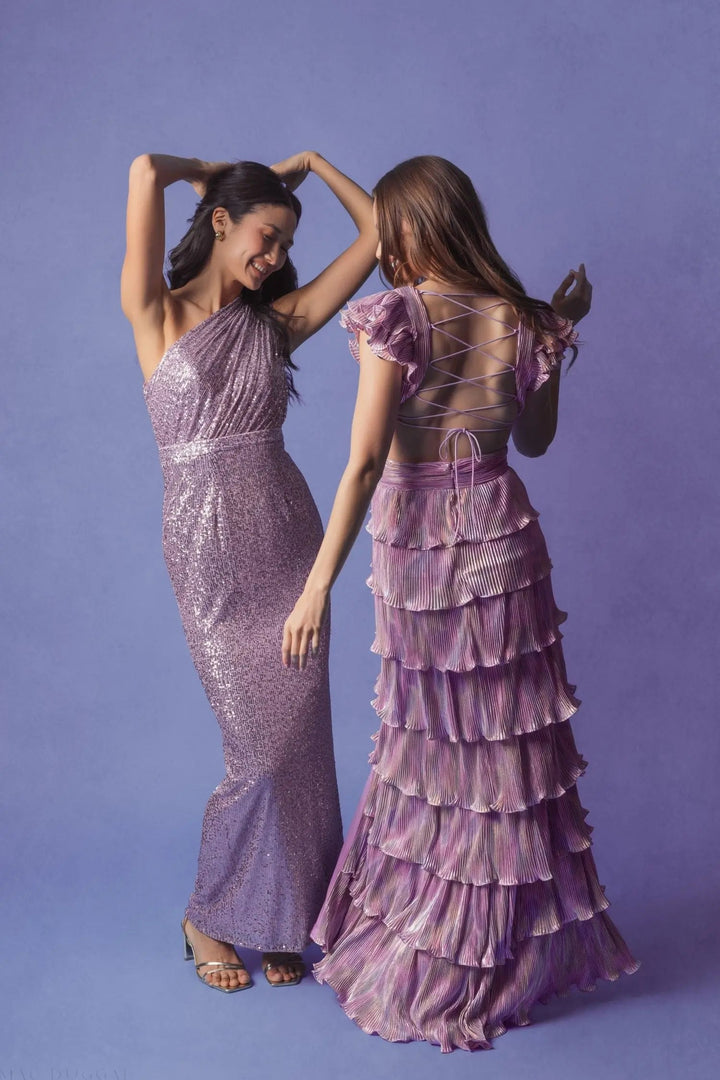 Mac Duggal 26740 Purple Ruffle Tiered Criss Cross Lace Up Gown