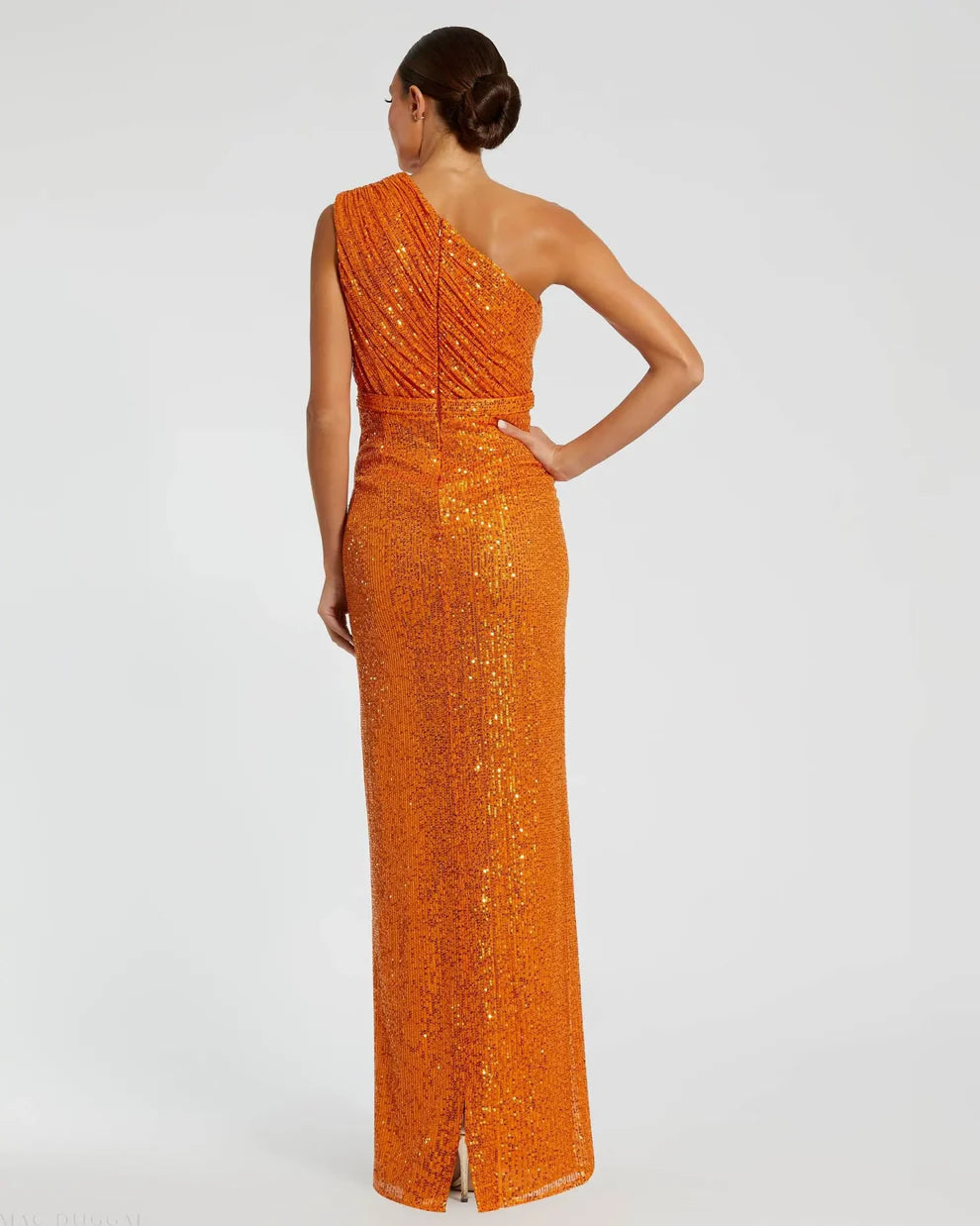 Mac Duggal 9926694P Petite Dark Green Sequined Ruched One Shoulder Gown