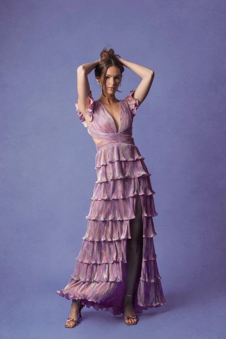 Mac Duggal 26740 Purple Ruffle Tiered Criss Cross Lace Up Gown